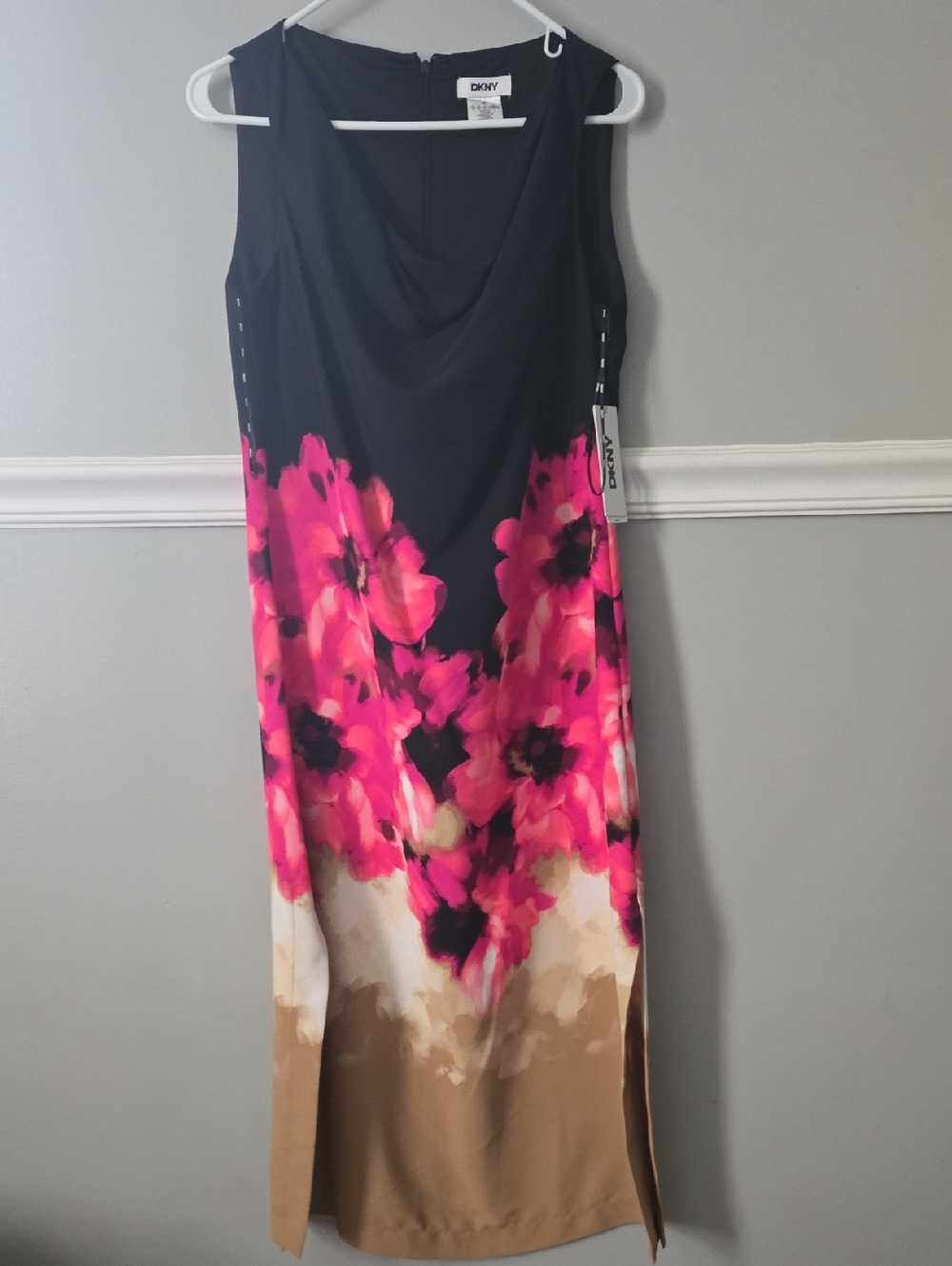 DKNY Black Maxi Dress with Bright Pink Floral & Tan Hem